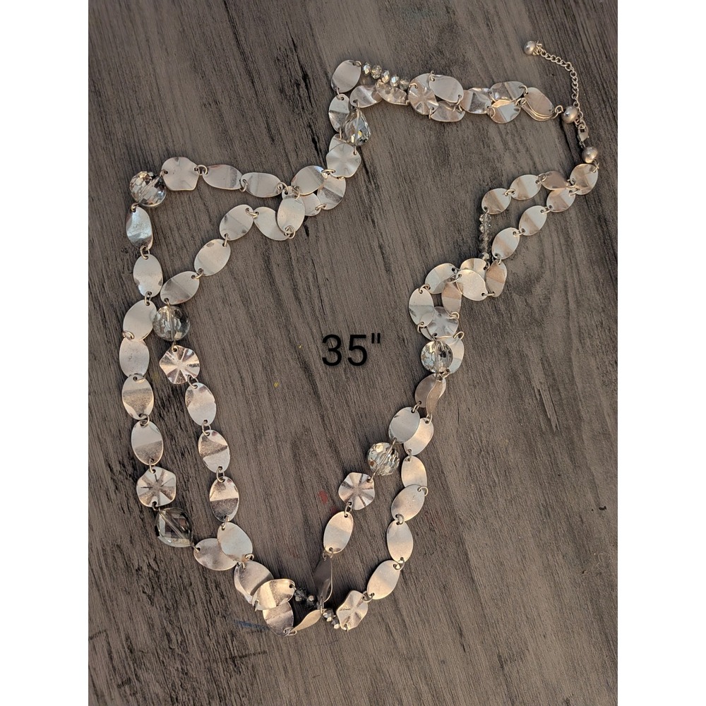 Silver Tone Hammered Disc Long Strand Necklace Clear Crystal Bead 35 Inch
